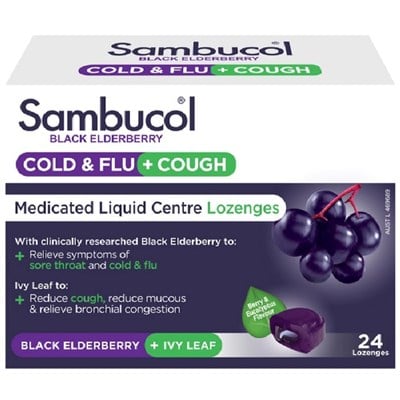 Sambucol Black Elderberry Cold & Flu + Cough Medicated Liquid Centre 24 Capsules