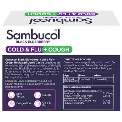 Sambucol Black Elderberry Cold & Flu + Cough Medicated Liquid Centre 24 Capsules