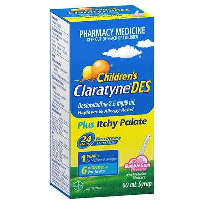 Children's Claratyne DES Hayfever & Allergy Relief Bubblegum Syrup for Kids 60mL
