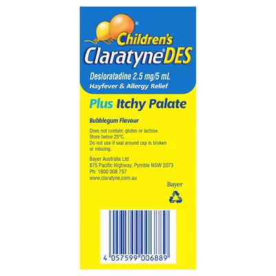 Children's Claratyne DES Hayfever & Allergy Relief Bubblegum Syrup for Kids 60mL