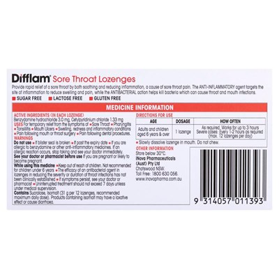Difflam Sore Throat Lozenges Raspberry Flavour 16s