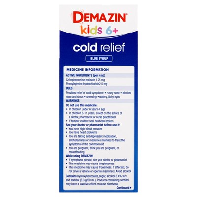 Demazin Kids 6+ Cold Relief Blue Syrup 200mL