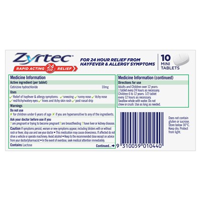 Zyrtec Rapid Acting Hayfever & Allergy Relief Antihistamine Mini Tablets 10 Pack