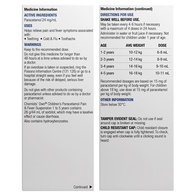 Chemists' Own Paracetamol 1- 5 Years Suspension 100mL