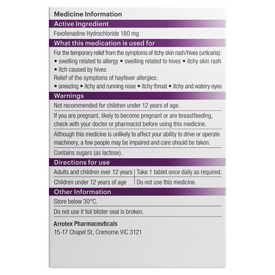 ApoHealth Fexofenadine Hayfever & Allergy Relief (fexofenadine hydrochloride) 180mg Tablets 70