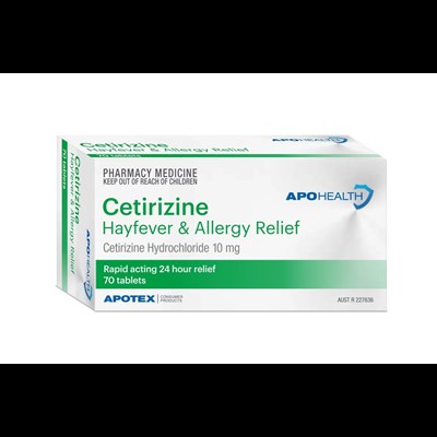 ApoHealth Cetirizine Hayfever & Allergy Relief (certizine hydrochloride) 10mg Tablets 70