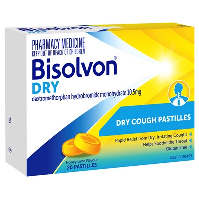 Bisolvon Dry (dextromethorphan hydrobromide monohydrate) 10.5mg Pastilles Honey Lime 20