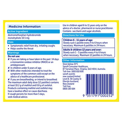Bisolvon Dry (dextromethorphan hydrobromide monohydrate) 10.5mg Pastilles Honey Lime 20