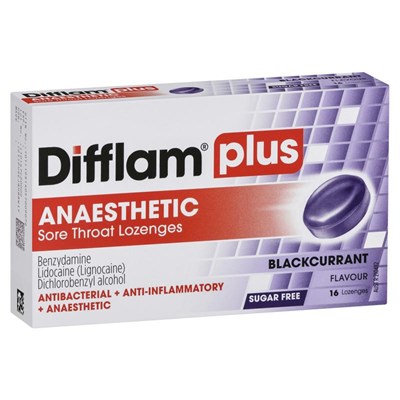 Difflam Plus Anaesthetic Sore Thraot Lozenges Blackcurrent Flavour 16s