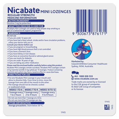 Nicabate Mini Lozenge Quit Smoking Nicotine 2mg Regular Strength Mint 20 Pack