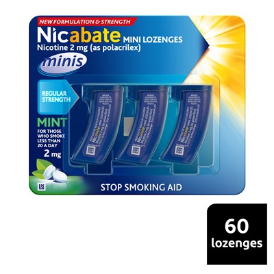 Nicabate Mini Lozenge Quit Smoking Nicotine 2 mg Regular Strength Mint 60 Pack
