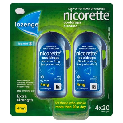Nicorette Cooldrops Lozenge Icy Mint Extra Strength 4 x 20 Pack