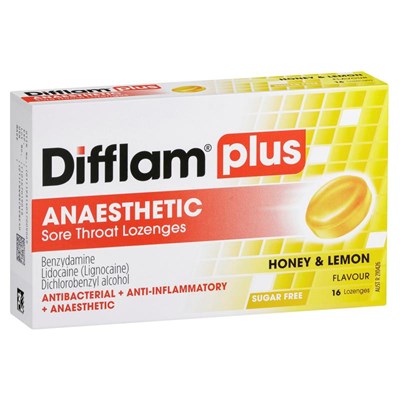 Difflam Plus Anaesthetic Sore Throat Honey & Lemon 16 Lozenges