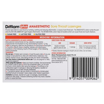 Difflam Plus Anaesthetic Sore Throat Honey & Lemon 16 Lozenges