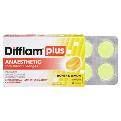 Difflam Plus Anaesthetic Sore Throat Honey & Lemon 16 Lozenges