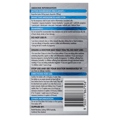 Nurofen Quickzorb Ibuprofen Lysine 342mg 96 Caplets