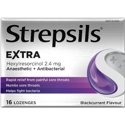 Strepsils Extra Anaesthetic + Antibacterial 2.4mg Blackcurrant Flavour 16 Lozenges