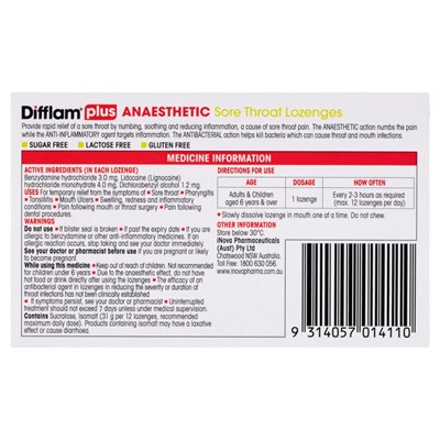 Difflam Plus Anaesthetic Sore Thraot Lozenges Pineapple and Lime Flavour 16s