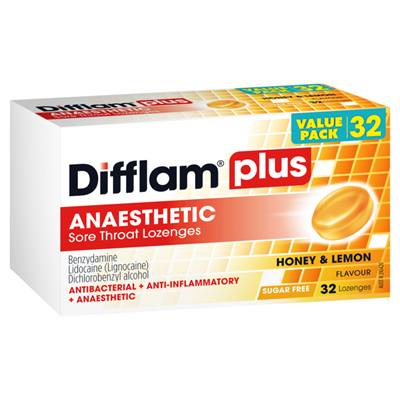 Difflam Plus Anaesthetic Sore Throat Honey & Lemon 32 Lozenges
