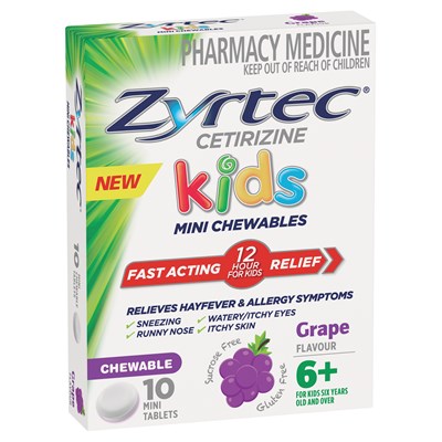 Zyrtec Kids Antihistamine Allergy & Hayfever Chewable Tablet Grape 10 Pack
