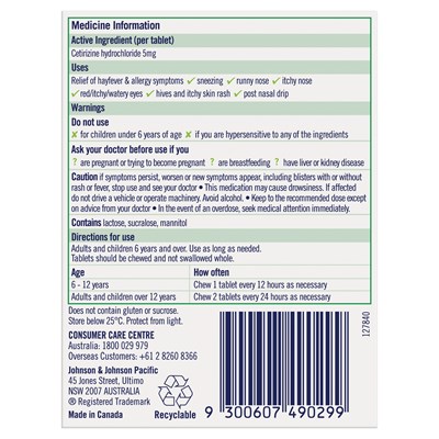 Zyrtec Kids Antihistamine Allergy & Hayfever Chewable Tablet Grape 10 Pack