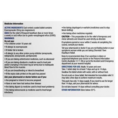 Chemists' Own Heartburn Relief Esomeprazole 20mg 14 Tablets