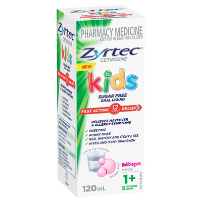 Zyrtec Kids Allergy & Hayfever Relief Antihistamine Bubblegum Liquid 120mL