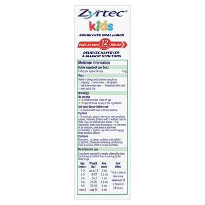 Zyrtec Kids Allergy & Hayfever Relief Antihistamine Bubblegum Liquid 60mL
