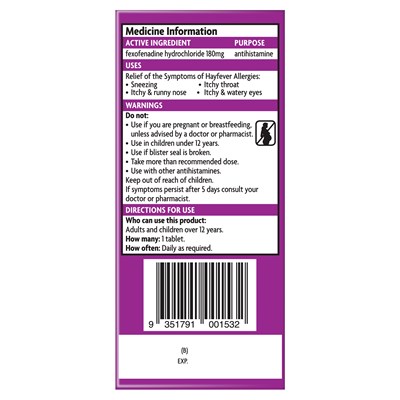 Telfast 180mg 10 Tablets Non-Drowsy