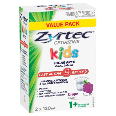 Zyrtec Kids Allergy & Hayfever Relief Antihistamine Grape Liquid 2x120mL Value Pack