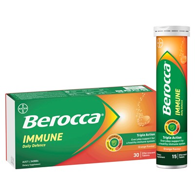 Berocca Immune Daily Defence Vitamin C, D and Zinc, Orange Flavoured Effervescent Tablets 30 Pack