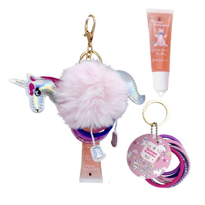 Fluffy Unicorn Gift Set with Key Chain, Lip Gloss & Hair Ties