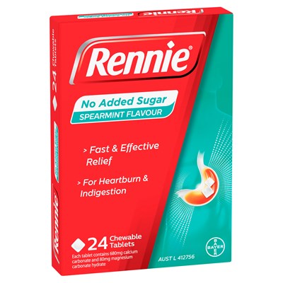 Rennie No Added Sugar Indigestion and Heartburn Relief Spearmint, 24 Chewable Tablets
