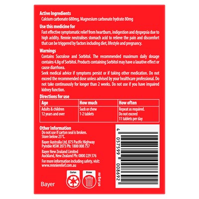 Rennie No Added Sugar Indigestion and Heartburn Relief Spearmint, 24 Chewable Tablets