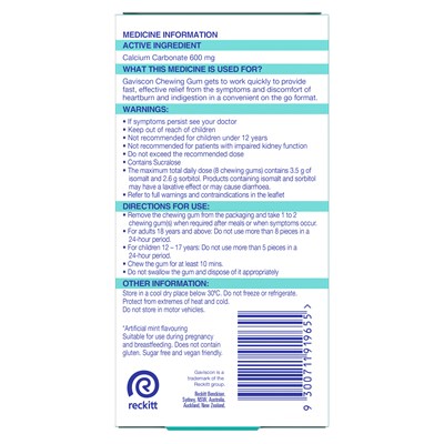 Gaviscon Chewing Gum Heartburn and Indigestion relief Cool Mint Flavour 20 Pack
