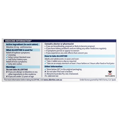 Allertine (Bilastine) 20mg 50 Tablets