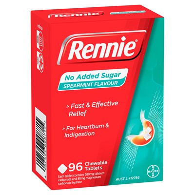 Rennie No Added Sugar Indigestion and Heartburn Relief Spearmint 96 Chewable Tablets
