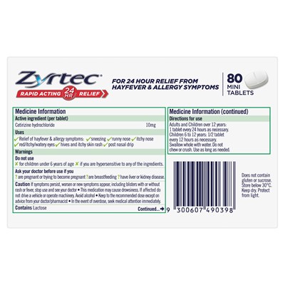 Zyrtec Rapid Acting Hayfever & Allergy Relief Antihistamine Mini Tablets 10mg 80 Pack